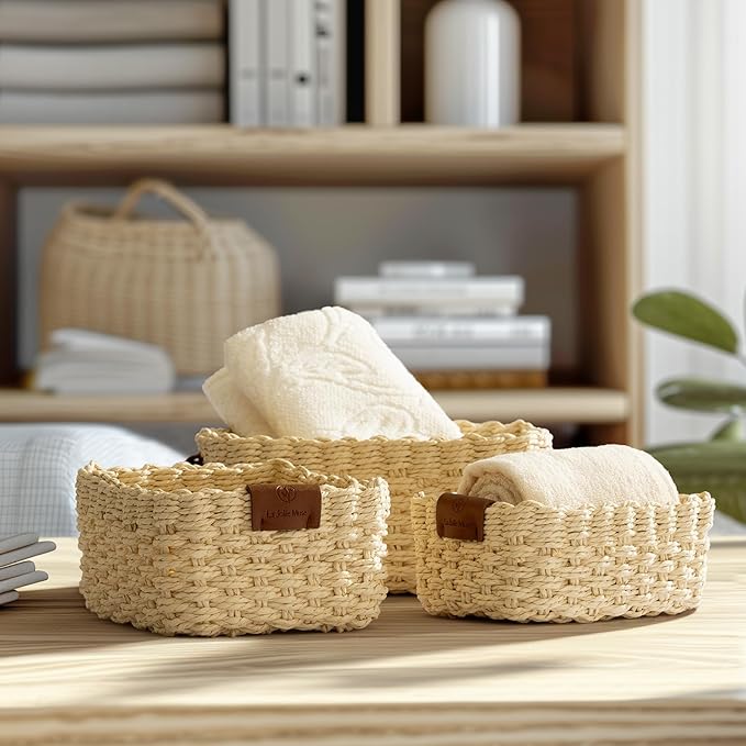 LA JOLIE MUSE Small Beige Wicker Baskets for Organizing, Recycled Paper Rope Storage Basket Container Bins for Shelves Bathroom Cupboards Drawer, Decorative Square Basket Organizer Set of 3