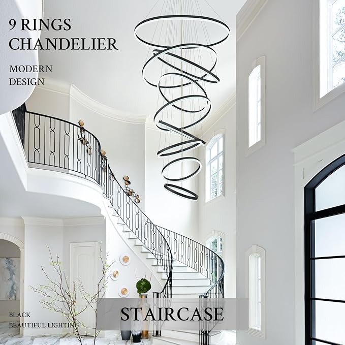 9-Rings D39.4’’ Modern LED Chandelier Black Dimmable High Ceiling Foyer Chandeliers Entryway with Remote Control for Staircase Entryway Living Room Foyer, 3000K-6500K