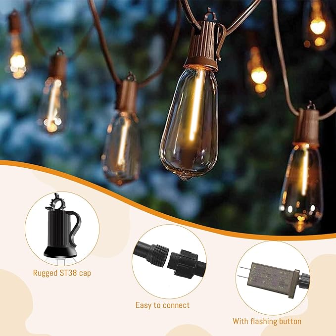 100FT Dimmable Waterproof Outdoor String Lights with Remote, 52 Shatterproof ST38 Vintage Edison Bulbs for Porch, Deck, Garden, Backyard, Balcony