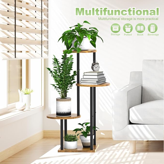 4 Tier Wood Tall Plant Stand Metal Rack Indoor, Multiple Flower Pot Holder Shelves Corner Rack, Round Planter Shelf Display Rack Storage Organizer for Patio Living Room Balcony(Black)