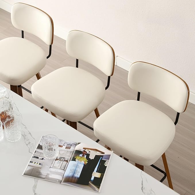Swivel Counter Height Bar Stools Set of 4, 26" Upholstered Faux Leather Barstools with Back and Bent Wood Legs, Mid Century Modern Bar Chair Island Stool for Kitchen Counter, Cream White