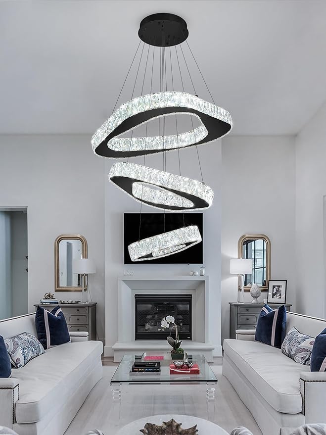 Modern Black Chandelier Adjustable 3 Rings Crystal Chandelier for Living Room Foyer Stairwell Lighting High Ceiling Light Dimmable 2700K-6000K