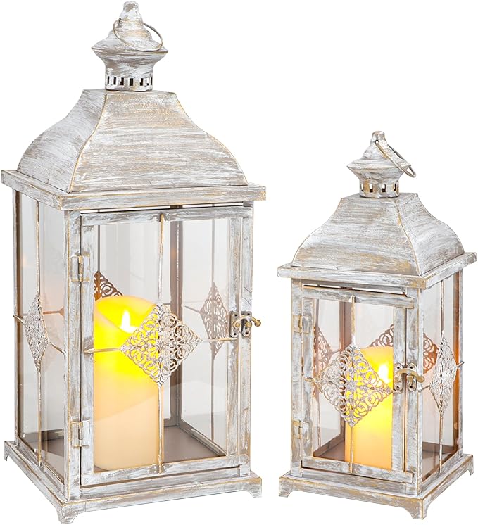 TRIROCKS 20"&15" H Decorative Candle Lantern Set of 2 Outdoor Lantern with Tempered Glass Metal Candle Holder for Porch Ideal for Country Style Gardens Home Decor Indoor Outdoor