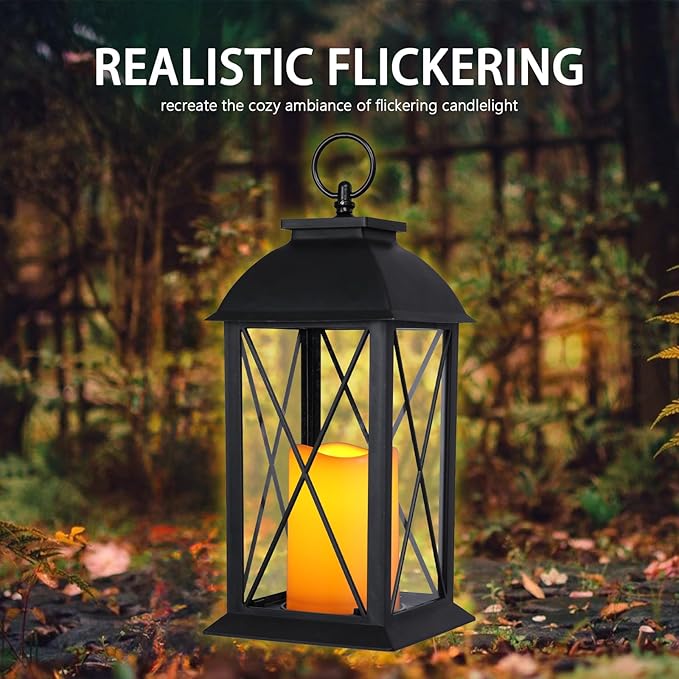 2 Pack 13-Inch Black Decorative Lantern with LED Candle (6hr Timer) - IP65 Waterproof Battery Powered - Outdoor Patio Hanging Lanterns Decorative Tabletop Lanterns