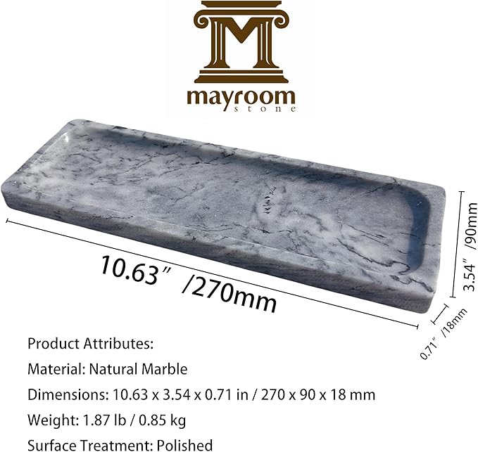 Polished Natural Marble Decorative Tray: 10.6" x 3.5" Rectangular Organizer for Bathroom Kitchen Dresser Desktop Jewelry Vanity Storage, Blue Sky