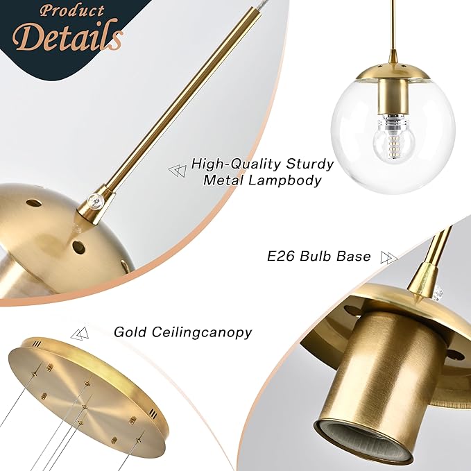 KoKo&Yukina 5-Light Globe Glass Pendant Light Adjustable Length Pendant Lights Modern Gold Clear Globe Glass Chandelier High Ceiling Lights Fixtures for Foyer Staircase Entryway (Bulb & Remote Incl.)