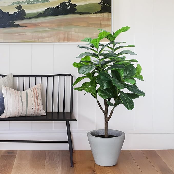 Artificial Fiddle Leaf Fig Tree, 4 FT Tall Fake Ficus Lyrata with Pot, Faux Silk Plants Indoor, Realistic Artificial Plants Decor for Home Office Living Room Decor Indoor Outdoor