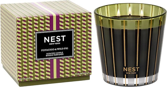 NEST New York Scented 3-Wick Candle, Pistachio & Wild Fig - 21.2 oz - Up to 100-Hour Burn Time - Reusable Glass Vessel