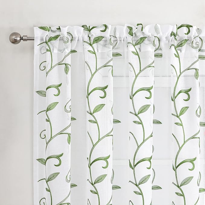 VISIONTEX Embroidered Green Sheer Voile Curtains, Leaves Embroidery Faux Linen Rod Pocket Window Drapes for Living Room and Girls Bedroom 54 x 84 Inch, Set of 2 Curtain Panels