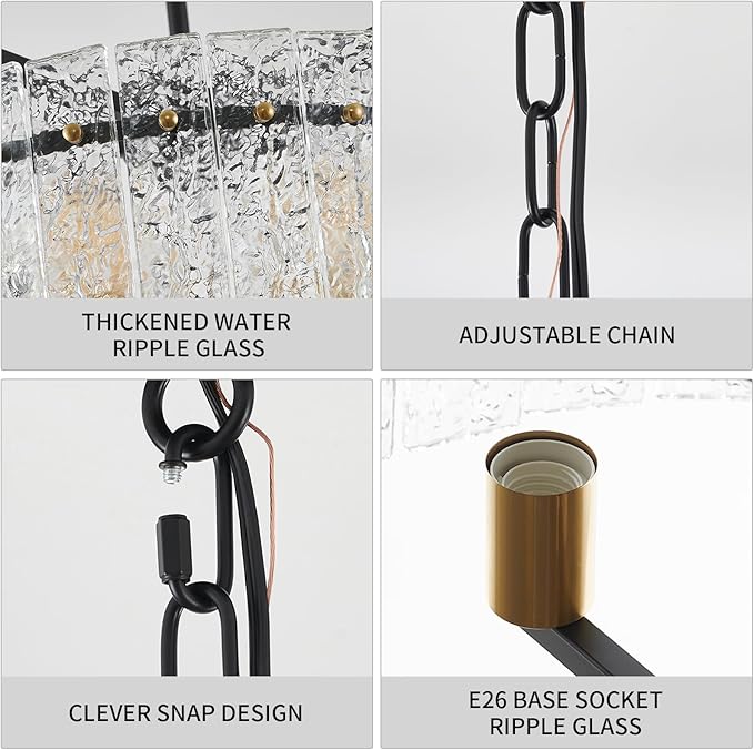 Modern Chandeliers for Dining Room,20" Black Gold Luxury Water Ripple Glass Bedroom Light Fixture,5-Light Glass Pendant Lights Kitchen Island for Living Room,Foyer