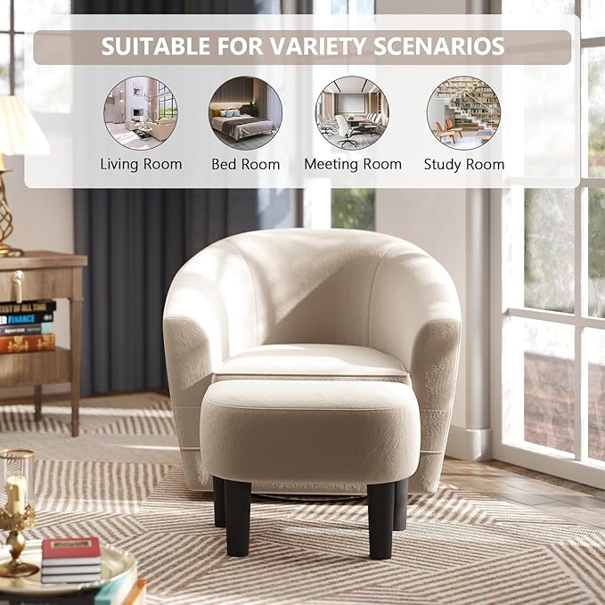 INZOY Swivel Accent Chair with Ottoman for Small Space, 360 Degree Club Chair with Ottoman Set, Comfy Fabric Barrel Reading Chairs for Living Room Bedroom, Beige