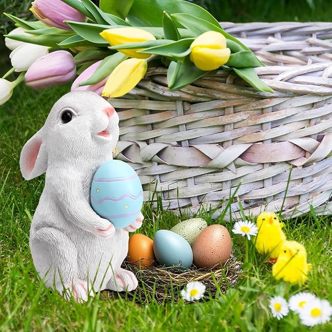 Solar Easter Rabbit Garden Statues Bunny Figurine Outdoor Easter Decorations Resin Bunny Statue with Egg Changing LED Lights for Porch Patio Lawn Yard Gardening Gifts for Mom Grandma
