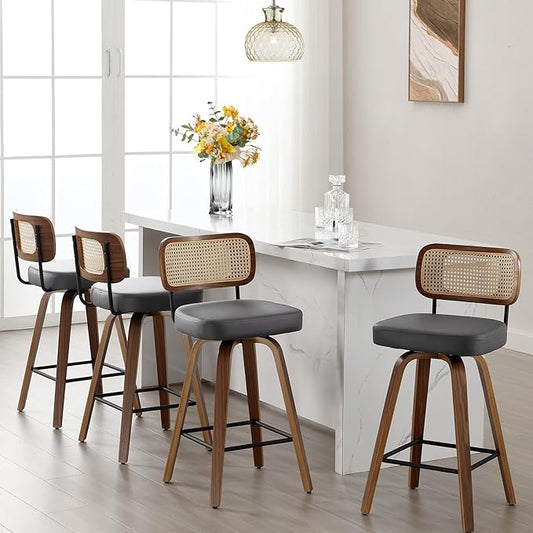 Swivel Bar Stools Set of 4, Upholstered Faux Leather Barstools with Rattan Back, 29" Seat Height Bar Chairs for Kitchen Island, Bentwood Wood Frame, Grey