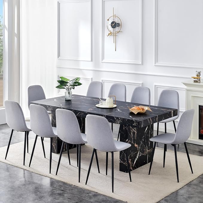 Marble Dining Table Set 79" ｜Modern Dining Table Set with 10 Linen Chairs｜Engineered Wood with Marble Pattern Tabletop｜Widened and Stable Tablelegs｜Easy Assembly