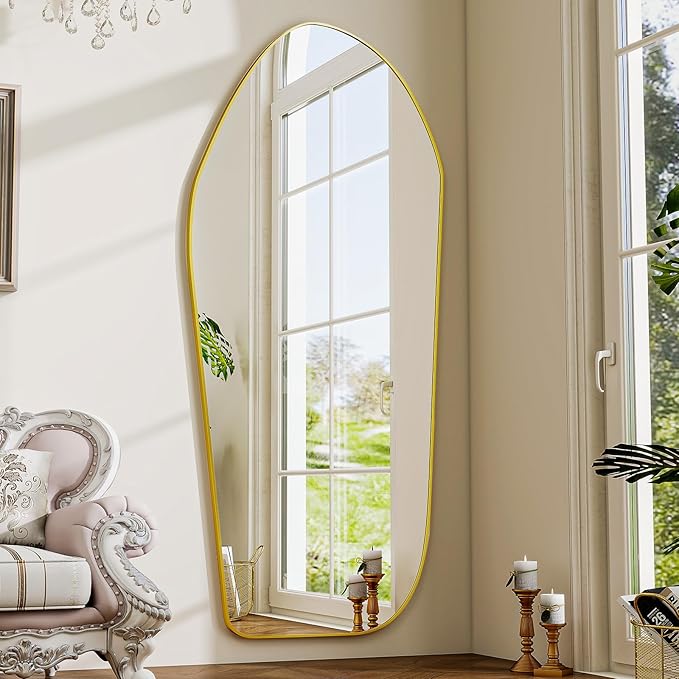 BEAUTYPEAK Full Length Dress Mirror - Floor Mirror 76"x34" Irregular Diamond Shape Aluminum Frame, Standing or Hanging Mirror for Bedroom Living Room Entryway, Gold