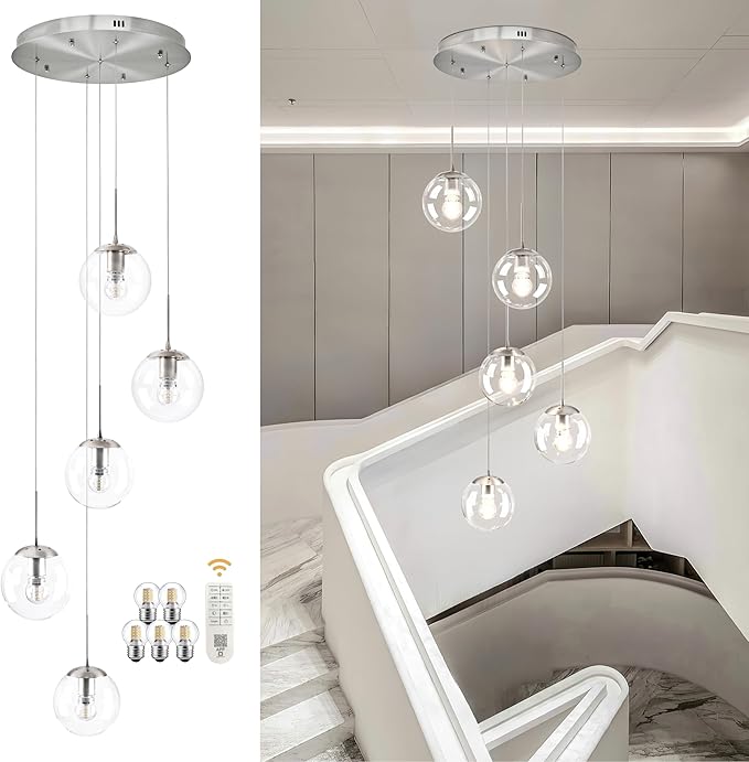 KoKo&Yukina 5-Light Globe Glass Pendant Light Adjustable Length Pendant Lights Modern Nickel Clear Globe Glass Chandelier High Ceiling Lights Fixtures for Foyer Hallway Staircase (Bulb & Remote Incl)