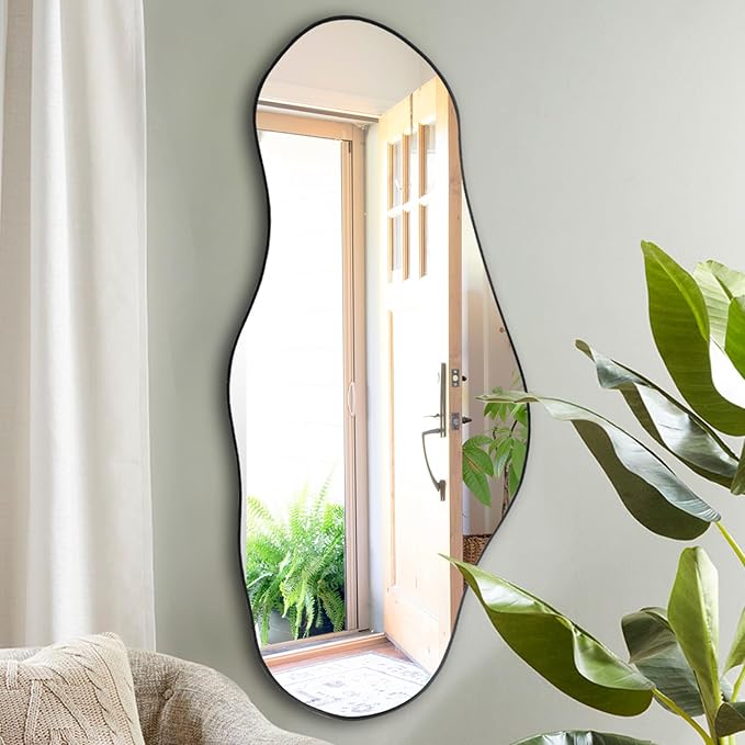 Large Irregular Mirror, 47.2"x21.4" Asymmetrical Oblong Mirror, Cloud Shaped Mirrors, Modern Waved Decorative Mirrors for Living Room Bathroom Bedroom Entryway Fireplace