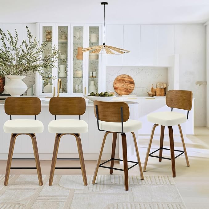 Swivel Counter Height Bar Stools Set of 4, Mid-Century Modern Upholstered Faux Leather Barstools with Wood Back, 26" Seat Height Bar Stools for Kitchen Island, Cream Seat and Walnut Frame
