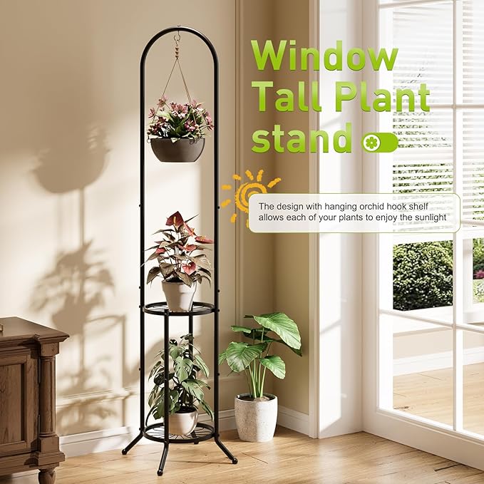 Plant Stand with Hooks Indoor Outdoor Corner Tall Plant Stand Heavy-Duty Metal 3-Tier Plant Shelf Holder Rack for Patio Garden Balcony Living Room Bedroom(circular Black)