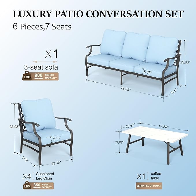 HERA'S HOUSE 6 Piece Patio Furniture Set, 4 x Fixed Metal Cushioned Chair, 1 x 3-Seat Sofa with Marbling Coffee Table, All Weather Outdoor Conversation Set for Lawn Garden Backyard, Blue