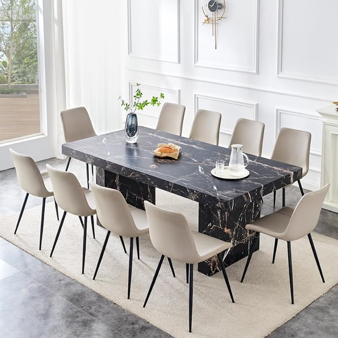 79" Marble Dining Table Set｜Modern Dining Table Set with 10 Faux Leather Chairs｜Engineered Wood with Marble Pattern Tabletop｜Widened and Stable Tablelegs｜Easy Assembly