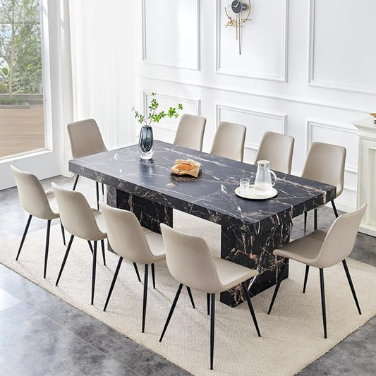 79" Marble Dining Table Set｜Modern Dining Table Set with 10 Faux Leather Chairs｜Engineered Wood with Marble Pattern Tabletop｜Widened and Stable Tablelegs｜Easy Assembly