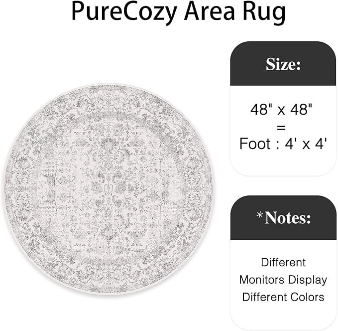 Grey Round Area Rug 4ft Entryway Door Mat Small Circle 4x4 Kitchen Vintage Carpet Non Slip Indoor Bedroom Washable Distressed Floral Retro Accent Throw Rug Office Bathroom