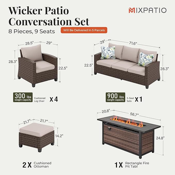 Patio Furniture Set, 8 Pcs Wicker Rattan Outdoor Conversation Set, 4 x Leg Chairs, 1 x 3 Seater Sofa and 2 x Ottoman with 4" Thick Cushion and 56" Fire Pit Table, Beige