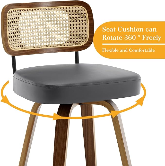 Swivel Counter Height Bar Stools Set of 4, Upholstered Faux Leather Barstools with Rattan Back, 26" Seat Height Bar Chairs for Kitchen Island, Bentwood Wood Frame, Grey