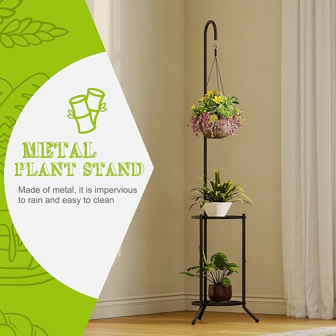 Plant Stand with Hooks Indoor Outdoor Corner Tall Plant Stand Heavy-Duty Metal 3-Tier Plant Shelf Holder Rack for Patio Garden Balcony Living Room Bedroom(semicircular Black)