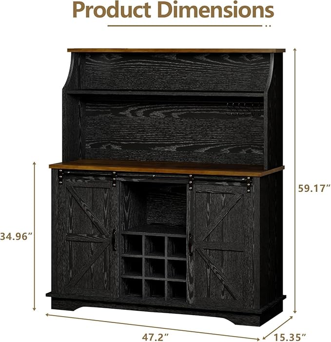 47 Inch Farmhouse Coffee Bar Cabinet with 3-Tier Storage, Coffee Bar Hutch with 9 Wine Racks, 3 Glass Holders, 6 Hooks, Kitchen Hutch for Dining Living Room, Black