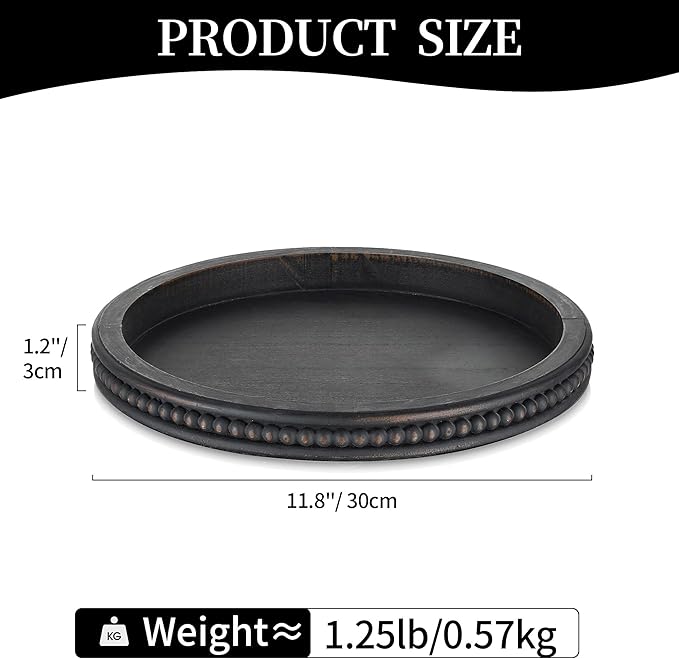 Hanobe Decorative Coffee Table Tray: Modern Farmhouse Beaded Round Tray Decor Rich Dark Brown Circle Wooden Ottoman Serving Platter for Centerpieces Kitchen Counter Bathroom