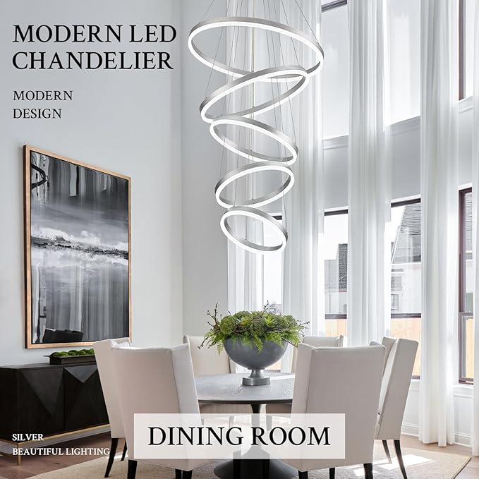 Modern LED Chandelier for Foyer Dimmable Silver High Ceiling Chandeliers Foyer with Remote Control for Entryway Dining Room Living Room Staircase, 3000K-6500K(5-Rings D23.6’’)