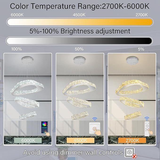 Modern Led Chandelier Adjustable 3 Rings Crystal Chandelier for Living Room Foyer Stairwell Lighting High Ceiling Light Dimmable 2700K-6000K