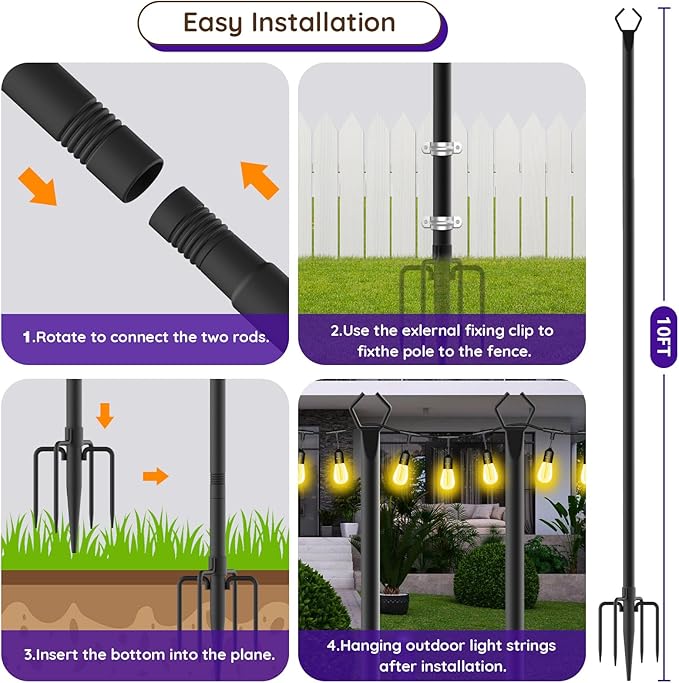 zoegi 2 Pack 10Ft String Light Poles,Light Poles for Outside Lights with Fork,Outdoor Brackets Hanging Lights,Metal Stand for Deck Patio,Backyard,Wedding,Deck,Party