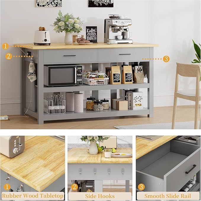 47.3" Solid Rubberwood Kitchen Island with Power Outlets - Extra Large Work Surface, 2 Drawers & Open Shelves Storage Cabinet for Kitchen Dining Room, Farmhouse Style (Grey)