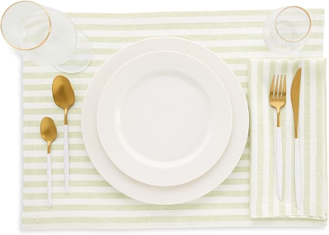 Solino Home Linen Cloth Placemats Set of 4 - Amalfi Stripe 100% Pure Linen Sage and White Farmhouse Placemats 14 x 19 Inch for Fall, Autumn, Thanksgiving, Christmas