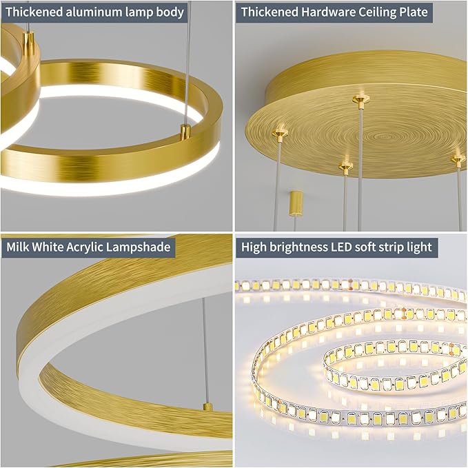 LED Pendant Light for Kitchen Island, 5-Ring Gold Modern Chandelier, Dimmable 3000K-6500K, Adjustable Height, Remote Control, Hanging Ceiling Lighting Fixture for Dining Room, Living Room Lamp