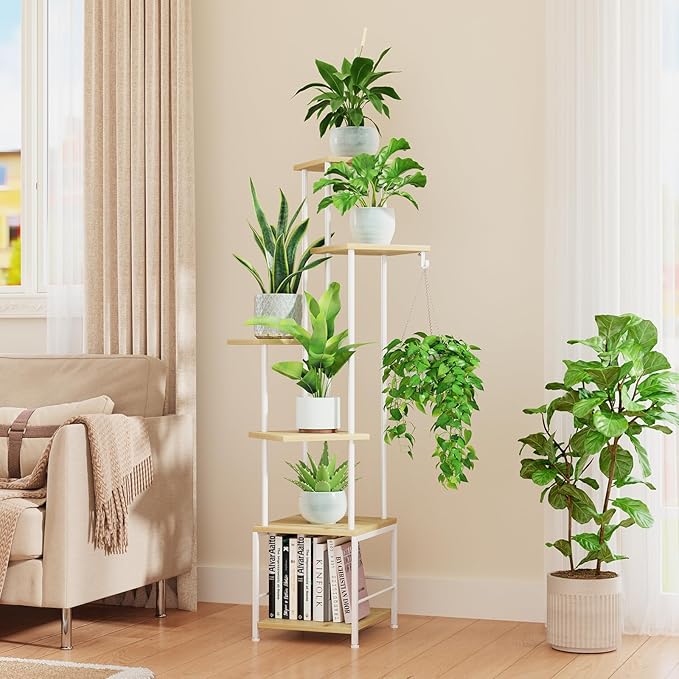 Plant Stand Indoor with Grow Light, 6-Tiered Tall Plant Stand Indoor, Metal Plant Shelf with Hanging Basket Hook and Adjustable Light, Ideal for Living Room, Garden, Patio, （Maple）