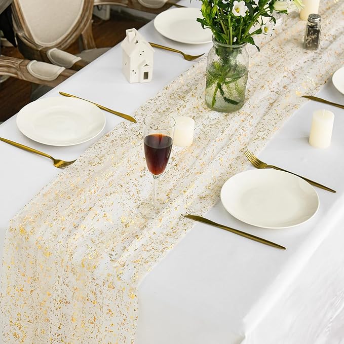 Artoid Mode 3Pcs Beige Gold Gauze Table Runner 120 Inch 10FT, Glitter Metallic Foil Sheer Dining Wedding Anniversary Holiday Birthday Table Decor for Home Party