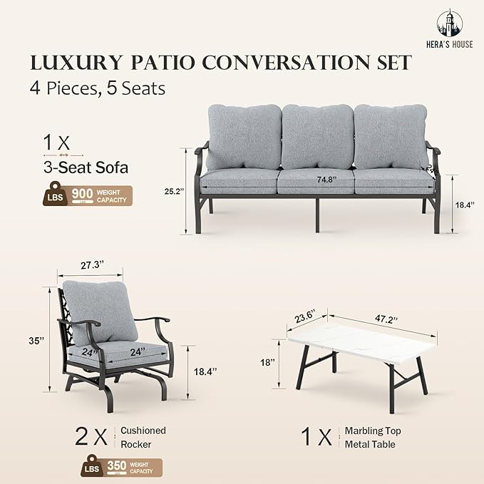 HERA'S HOUSE 4 Piece Patio Furniture Set, 2 x Rocking Metal Frame Cushioned Chair, 3-Seat Sofa with Marbling Coffee Table, All Weather Outdoor Conversation Set for Lawn Garden Backyard, Grey