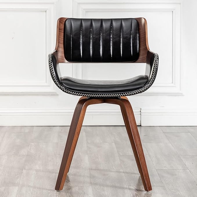 LUNLING Swivel Accent Faux Leather Dining Chairs, Mid Century Modern Chairs with Wooden Legs/Armrest/Upholstered Seat/Adjustable Foots for Kitchen Dining Room Desk Chairs,Black,1PCS