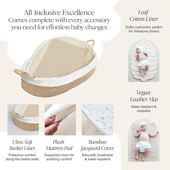 BEBE BASK Premium Baby Changing Basket - Artisan-Crafted Seagrass With Extra High Sides - Changing Basket for Baby Dresser - All Accessories Included - Complete Set for Nursery (Natural)