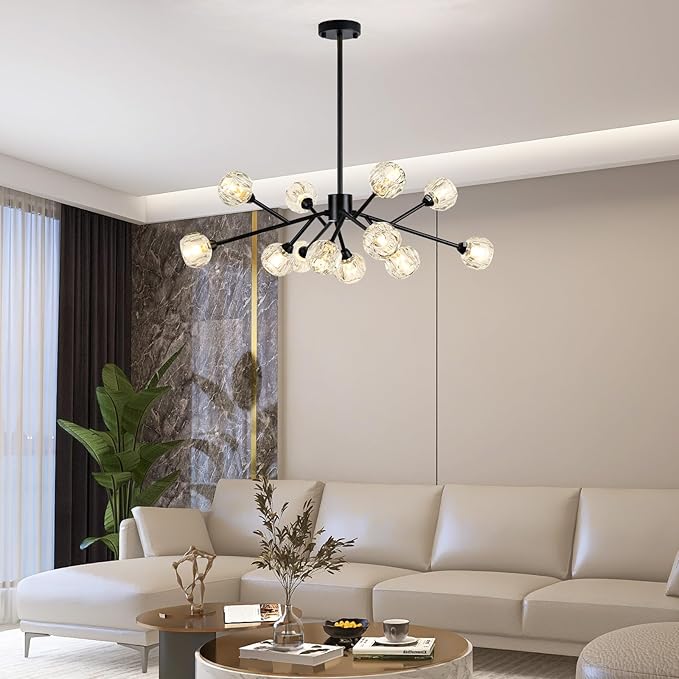 Sputnik Chandeliers for Dining Room Light Fixture Over Table, Modern Crystal Chandeliers, 12 Lights Black Lighting Fixtures for Living Room Bedroom Kitchen Island Bar