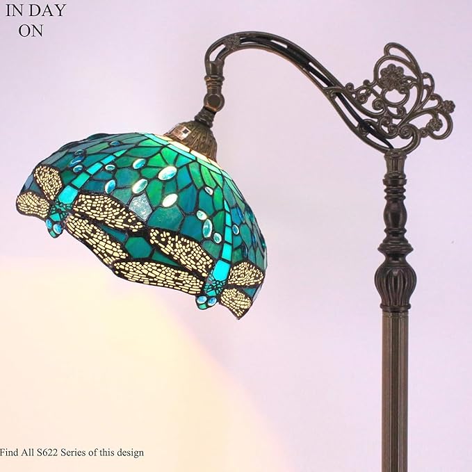 WERFACTORY Tiffany Floor Lamp Sea Blue Stained Glass Dragonfly Arched Lamp 12X18X64 Inches Gooseneck Adjustable Corner Standing Reading Light Decor Bedroom Living Room S622 Series