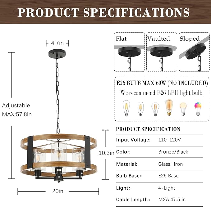 Farmhouse Chandelier, 20" Rustic Light Fixture with Glass Shade 4-Light Drum Lighting Fixtures Retro Pendant Lamp for Dining Room Foyer Living Room Entrance Kitchen Island Bedroom