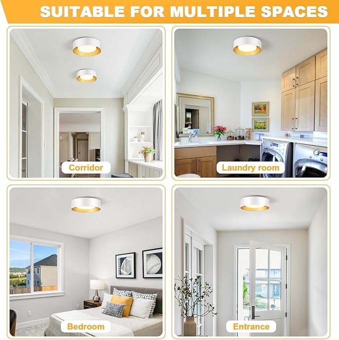 Modern Flush Mount Ceiling Lights,Minimalist 12.5IN Round Close to Ceiling Light Fixtures,White and Gold Metal Ceiling Lighting Lamp for Kitchen,Bedroom, Entryway,Hallway