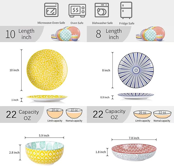 Selamica Ceramic Dinnerware Sets, 16 Pieces Dishes Set for 4, Highly Chip and Crack Resistant Plates and Bowls Sets, Dishwasher & Microwave Safe, Assorted Colors