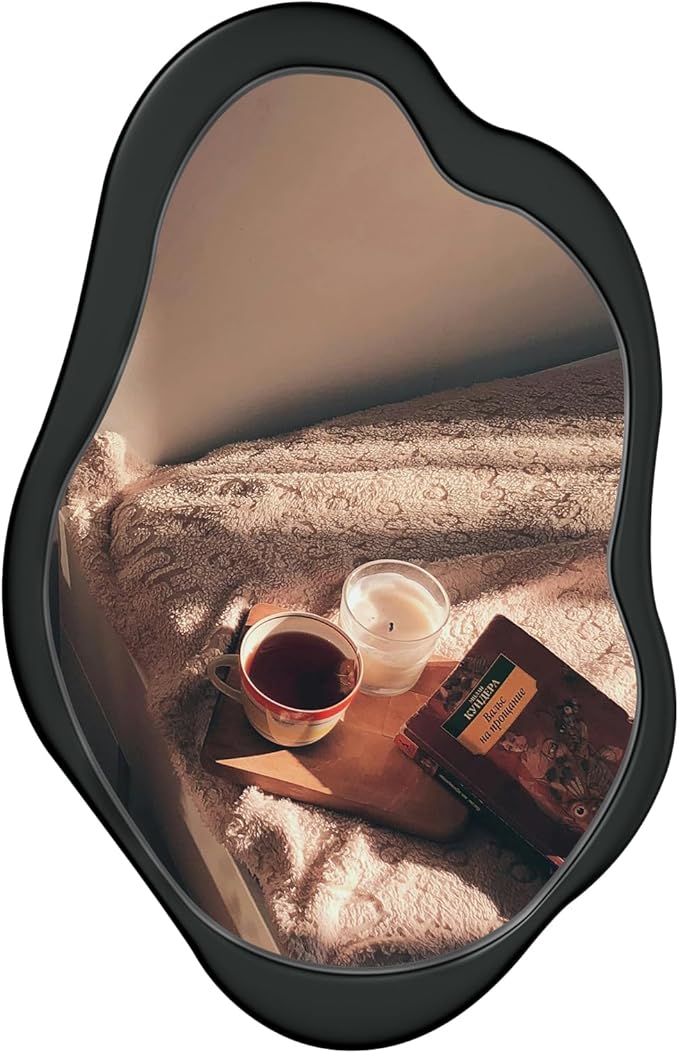 Wavy Mirror with Wood Frame, Modern Decorative Asymmetrical Mirror for Bedroom, Living Room, Entryway (Black, 24x15)