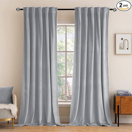 MIULEE Greyish White Velvet Curtains 96 inches 2 Panels - Luxury Blackout Curtains for Bedroom Living Room Thermal Insulated Super Soft Window Drapes Rod Pocket & Back Tab, W52 x L96 inches